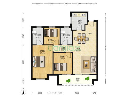 五星苑二期 3室1厅2卫 112平方