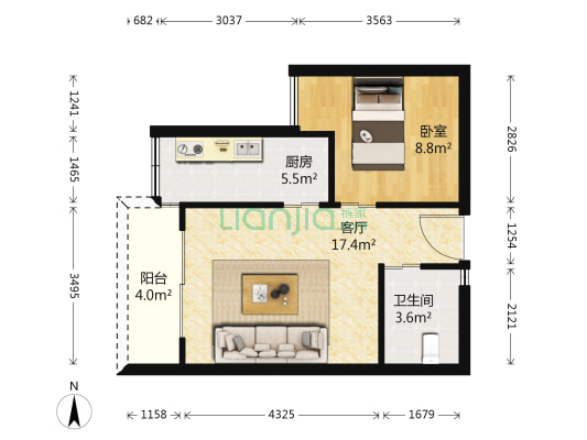 上品拾陆精装一房户型方正看内庭