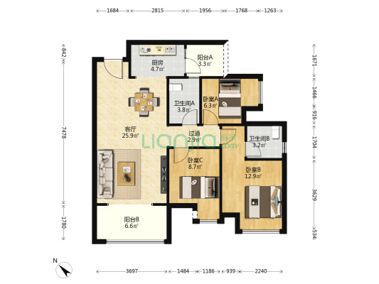 海成南滨上院E2区 3室1厅2卫 98平方