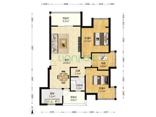 御源大湖区 3室1厅1卫 88平方