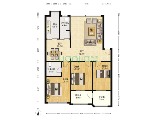 开福区国税局宿舍 3室2厅2卫 119平方