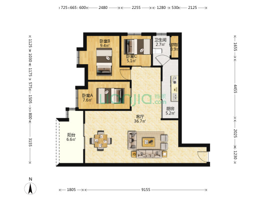 百安轩 3室1厅1卫 93平方