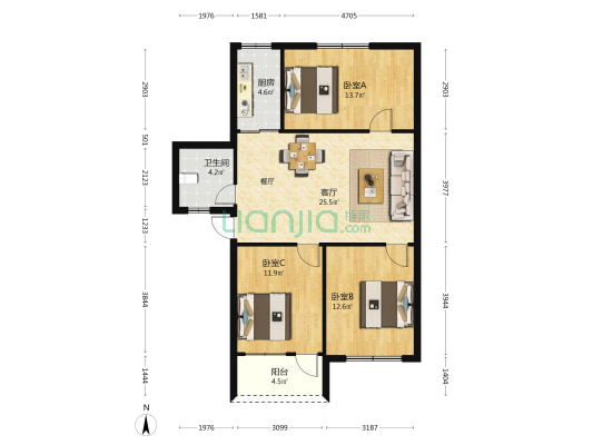 大腹山公寓 3室1厅1卫 92平方