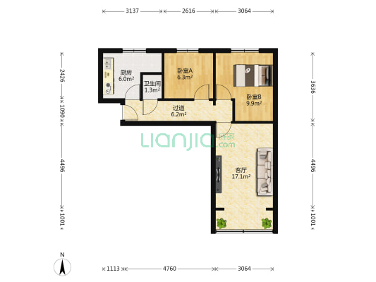光辉滨河小区 2室1厅1卫 64平方
