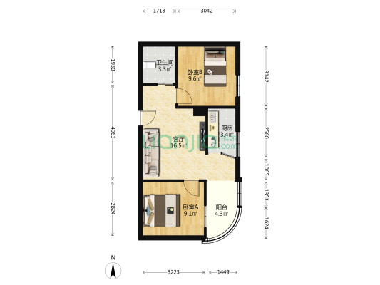 镇海大厦 2室1厅1卫 61平方