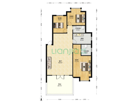 时代商务广场 3室1厅2卫 133平方