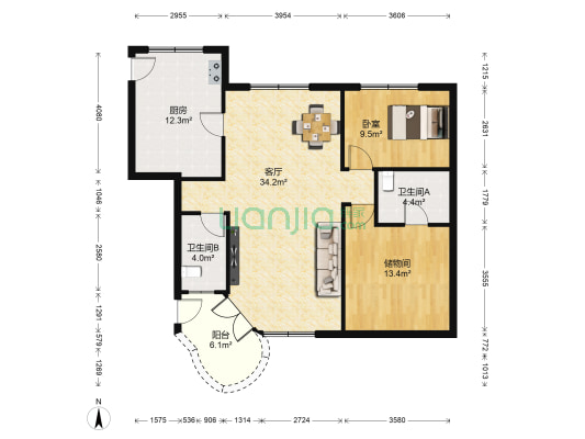 大亨花园 1室1厅2卫 105平方