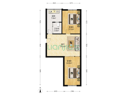 中心小区 2室1厅1卫 73平方