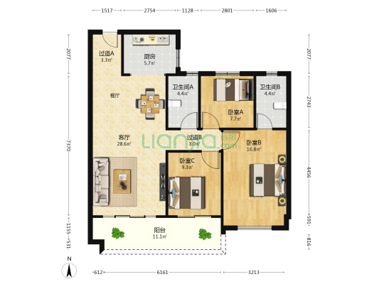 凤凰城一期凤凰苑 3室1厅2卫 122平方