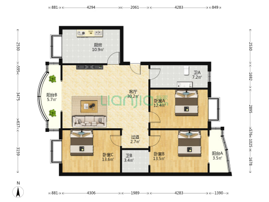 一中宿舍高层 3室1厅2卫 135平方