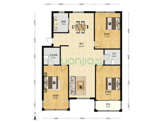 上园大厦 3室1厅2卫 156平方