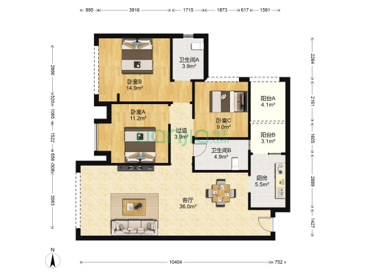 滨江新城 3室1厅2卫 108平方