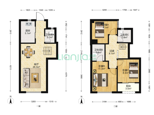 中海锦城 3室1厅3卫 89平方