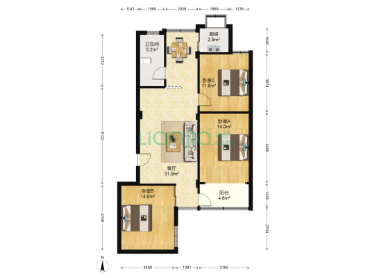 方海公寓 3室1厅1卫 103平方