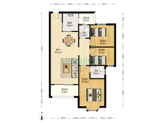 都市晴园 3室1厅2卫 100平方