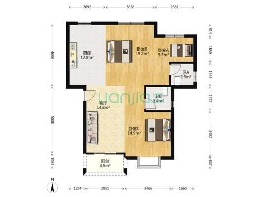 和睦苑 3室1厅2卫 89平方