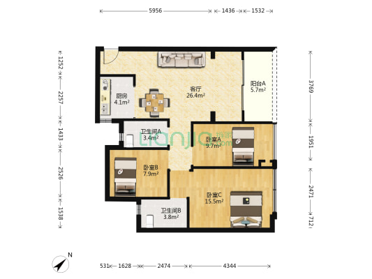 广域双子星 3室1厅2卫 83平方