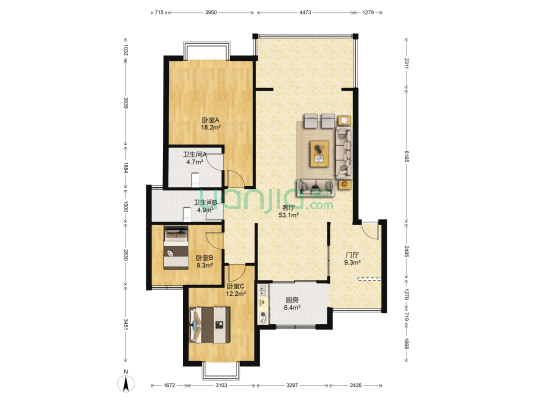 世纪绿洲 3室1厅2卫 134平方
