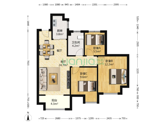 中梁聚龙首府 3室1厅1卫 88平方