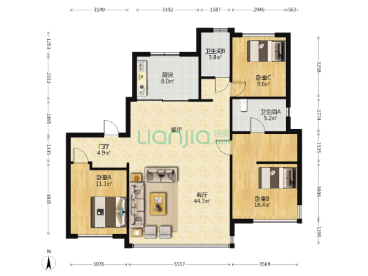旭辉铂悦公望 3室1厅2卫 141平方