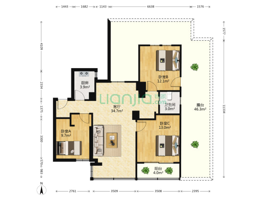 德信中外公寓 3室1厅1卫 85平方