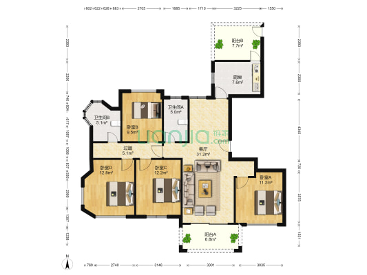 滨江九里 4室1厅2卫 134平方