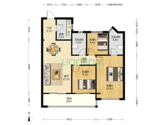 世茂美的云筑 3室1厅2卫 98平方