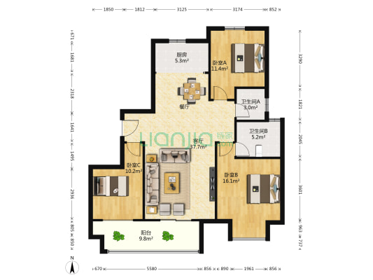 海马公馆 3室1厅2卫 138平方