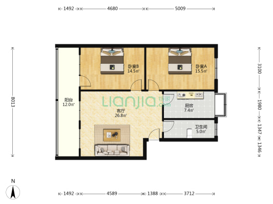 处级楼 2室1厅1卫 98平方
