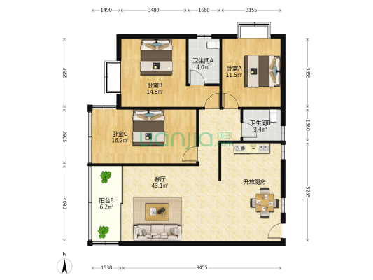 金霖华庭 3室1厅2卫 126平方