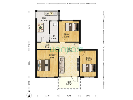 广东省贸易学校宿舍 3室1厅1卫 84平方