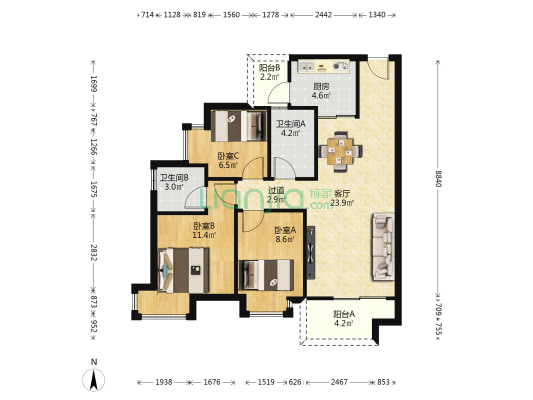 利丰中央华府 3室1厅2卫 90平方