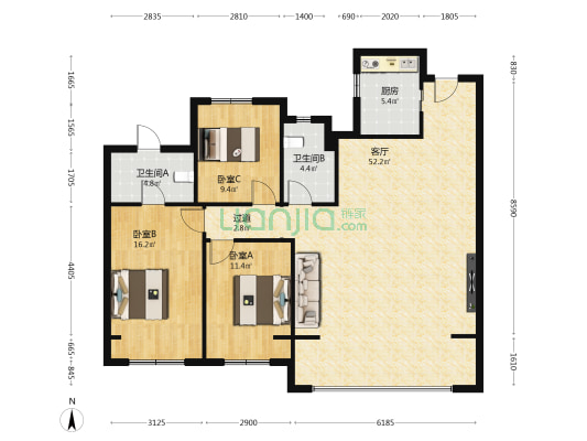 悦湖雅苑 3室1厅2卫 129平方