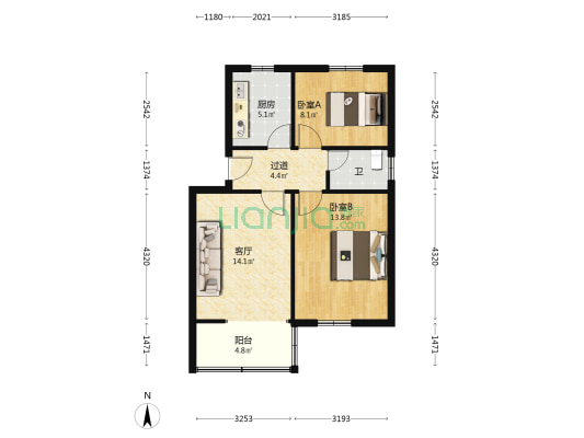 任港路45号 2室1厅1卫 65平方