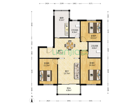 朱雀宝丽花园 3室2厅2卫 109平方