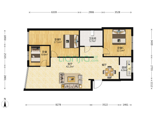 金汁苑小区 3室1厅1卫 107平方