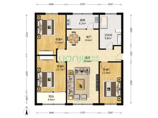 馨嘉园小区 3室2厅1卫 121平方
