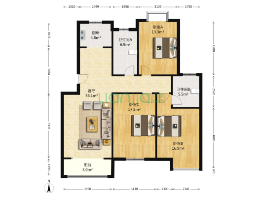 凤鸣园 3室1厅2卫 128平方