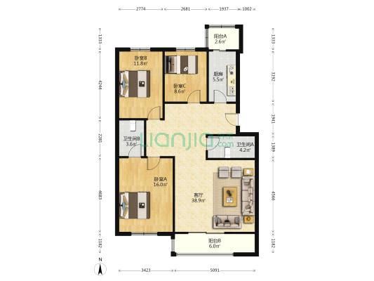 东盈园 3室1厅2卫 118平方