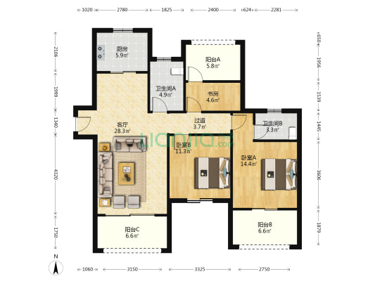 蓝瓴雅苑 3室1厅2卫 123平方