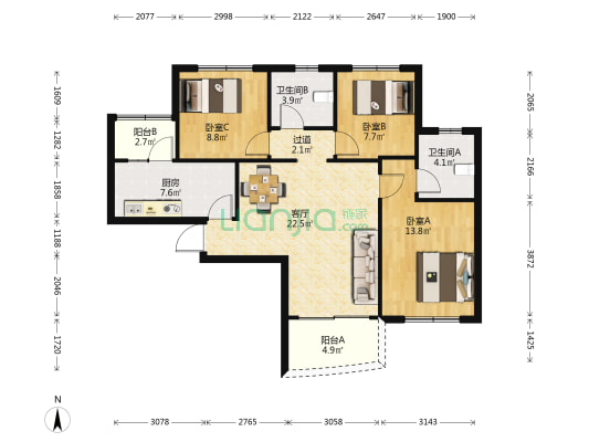 万辉花园 3室1厅2卫 92平方