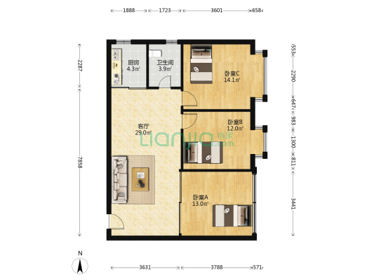 汇鹏大厦 3室1厅1卫 96平方