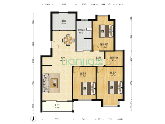 南都苑南区 2室1厅1卫 128平方