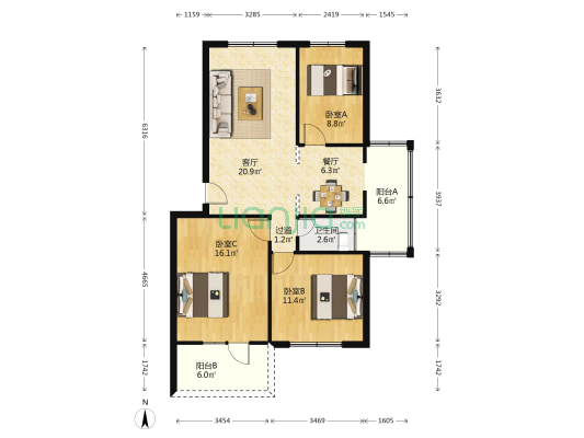 美舍河省人大住宅区 3室2厅1卫 84平方