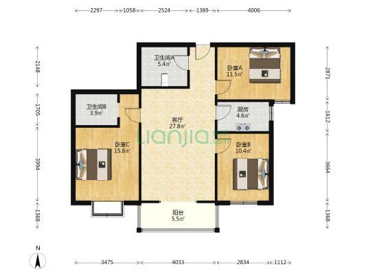 龙湾佳园 3室1厅2卫 112平方