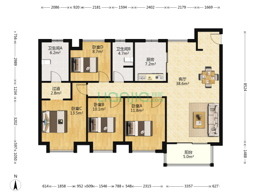 万科都荟天地E区 4室1厅2卫 138平方