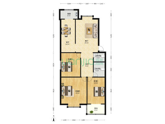 苹果怡园 3室2厅2卫 140平方