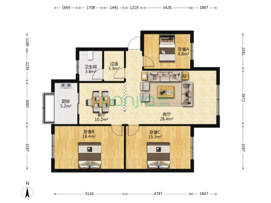 永香二区北区 3室2厅1卫 110平方