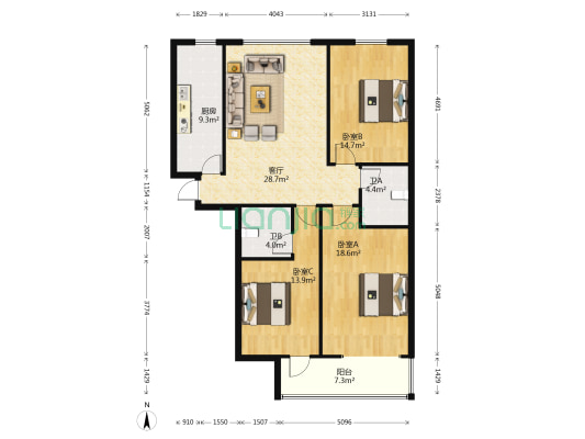 天赐康缘小区 3室1厅2卫 135平方