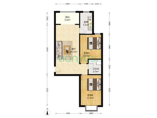 德信公园旁 电梯房 南北2居 证满二 带装修-户型图
